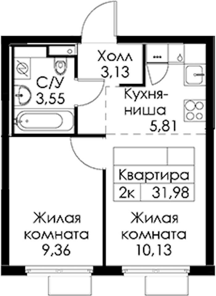 1-комнатная квартира 31.98 м², 12/24 эт., ЖК «Заречный парк»